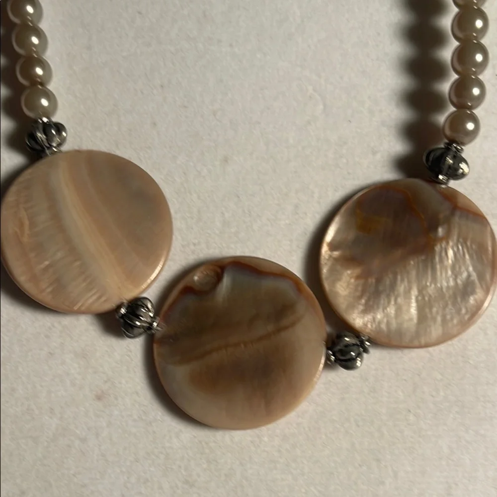 Cream and Tan Necklace with Minimalist Circular Mother of Pearl  Design